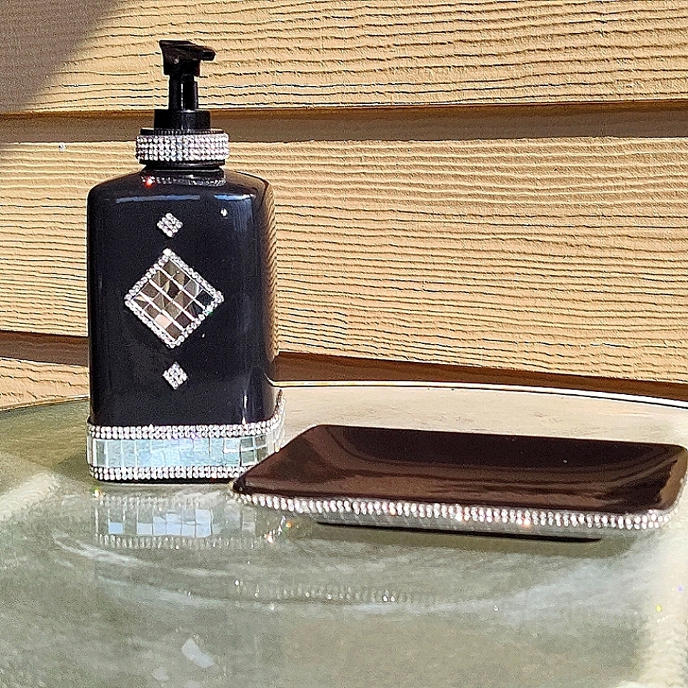 2 Piece Black Ceramic Bling Bathroom Set